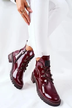 Lakierowane Ocieplane Botki Bordowe Cloghan