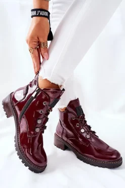 Lakierowane Ocieplane Botki Bordowe Cloghan