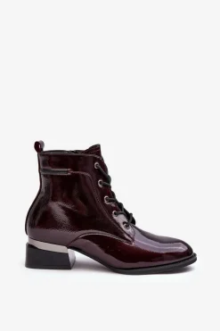 Lakierowane Ocieplane Botki Na Suwak Bordowe Achonia
