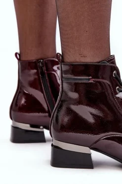 Lakierowane Ocieplane Botki Na Suwak Bordowe Achonia
