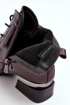 Lakierowane Ocieplane Botki Na Suwak Bordowe Achonia