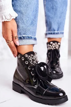 Lakierowane Ocieplane Botki Z Metalowymi Perełkami I Wstążką Czarne Perla