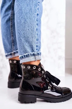 Lakierowane Ocieplane Botki Z Metalowymi Perełkami I Wstążką Czarne Perla