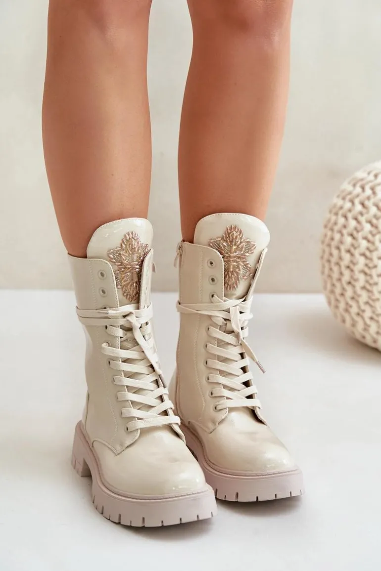 Lakierowane Ocieplane Botki Workery Z Ozdobą Beżowe Kelilea