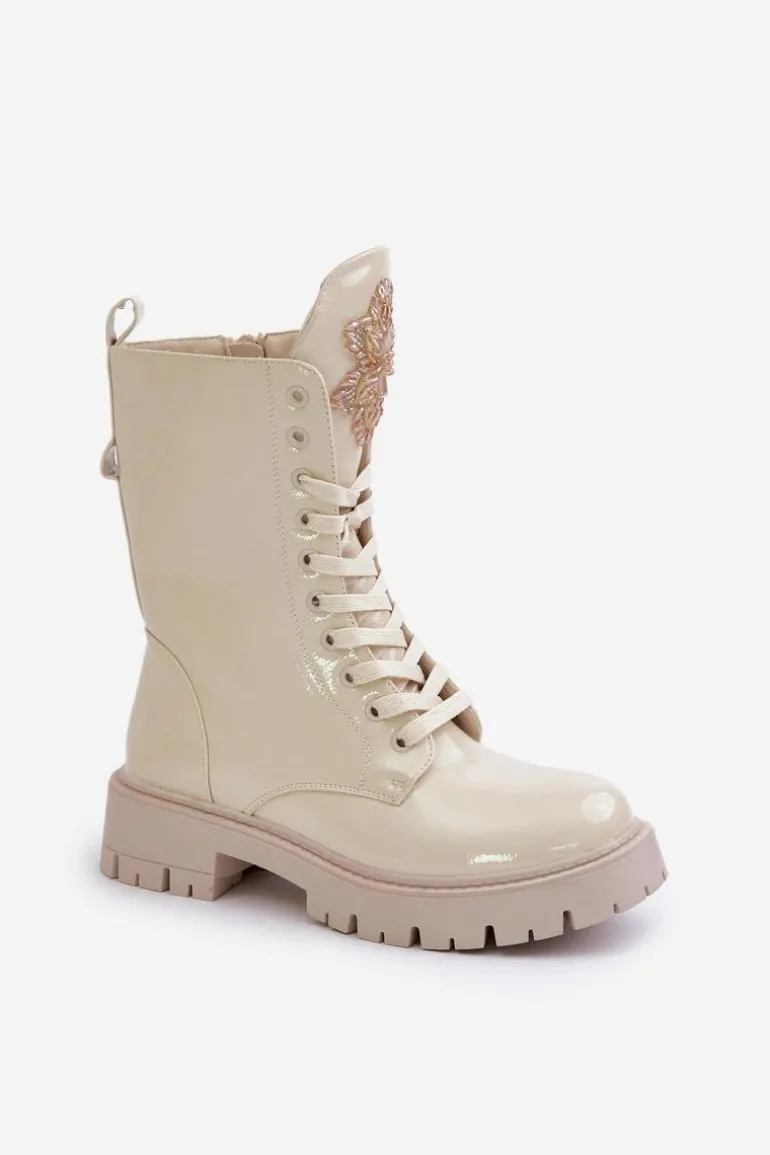 Lakierowane Ocieplane Botki Workery Z Ozdobą Beżowe Kelilea