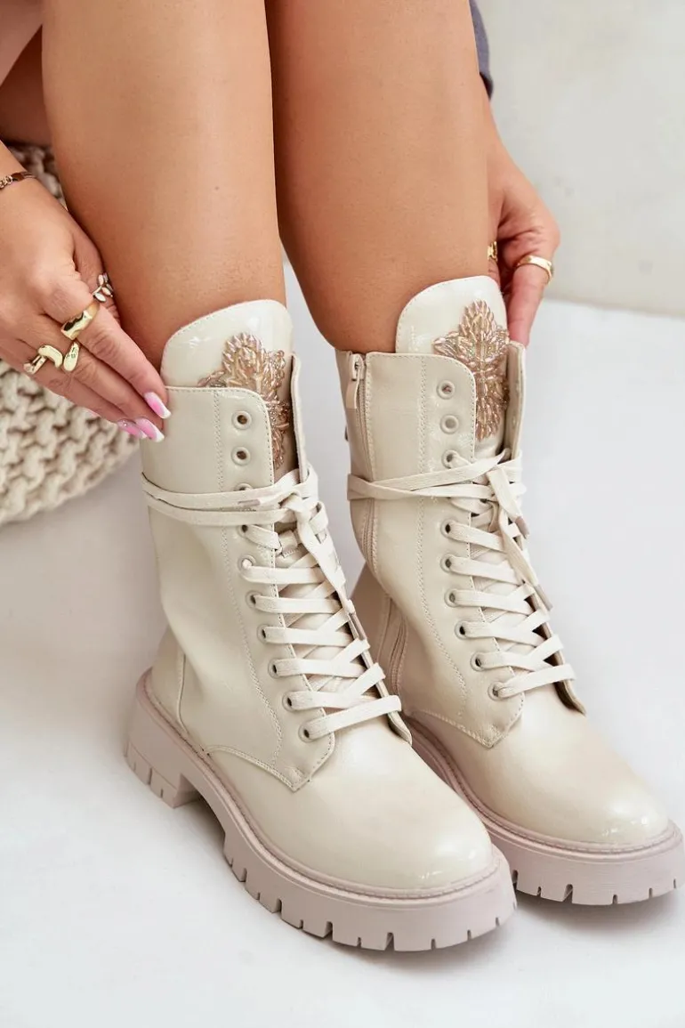 Lakierowane Ocieplane Botki Workery Z Ozdobą Beżowe Kelilea