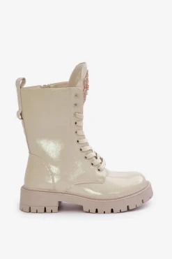 Lakierowane Ocieplane Botki Workery Z Ozdobą Beżowe Kelilea