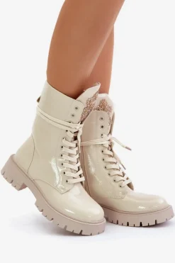 Lakierowane Ocieplane Botki Workery Z Ozdobą Beżowe Kelilea