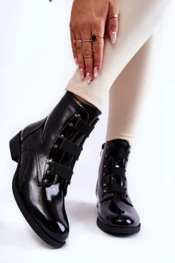 Lakierowane Ocieplane Botki Na Płaskim Obcasie Czarne Geira