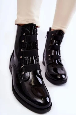 Lakierowane Ocieplane Botki Na Płaskim Obcasie Czarne Geira