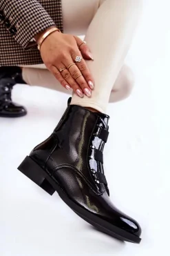 Lakierowane Ocieplane Botki Na Płaskim Obcasie Czarne Geira