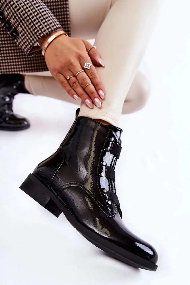 Lakierowane Ocieplane Botki Na Płaskim Obcasie Czarne Geira