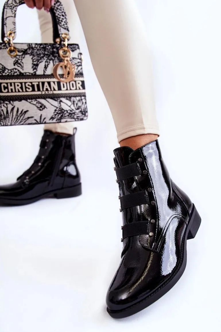 Lakierowane Ocieplane Botki Na Płaskim Obcasie Czarne Geira