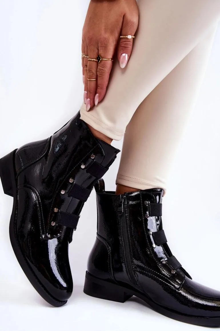 Lakierowane Ocieplane Botki Na Płaskim Obcasie Czarne Geira