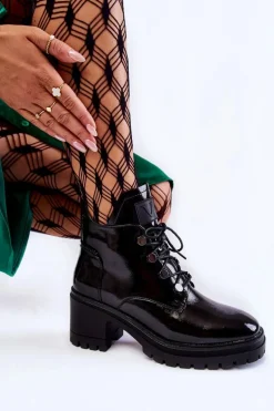 Lakierowane Ocieplane Botki Sznurowane Czarne Ragnhild