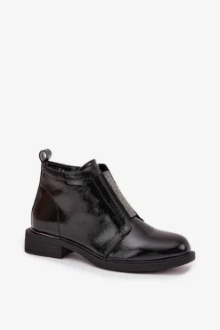 Lakierowane Ocieplane Botki Damskie Na Niskim Obcasie S.Barski HY52-506 Czarne