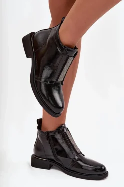 Lakierowane Ocieplane Botki Damskie Na Niskim Obcasie S.Barski HY52-506 Czarne