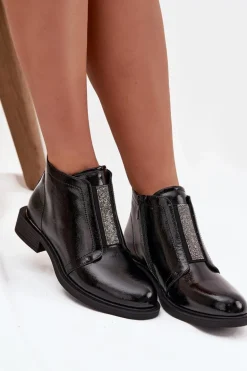 Lakierowane Ocieplane Botki Damskie Na Niskim Obcasie S.Barski HY52-506 Czarne