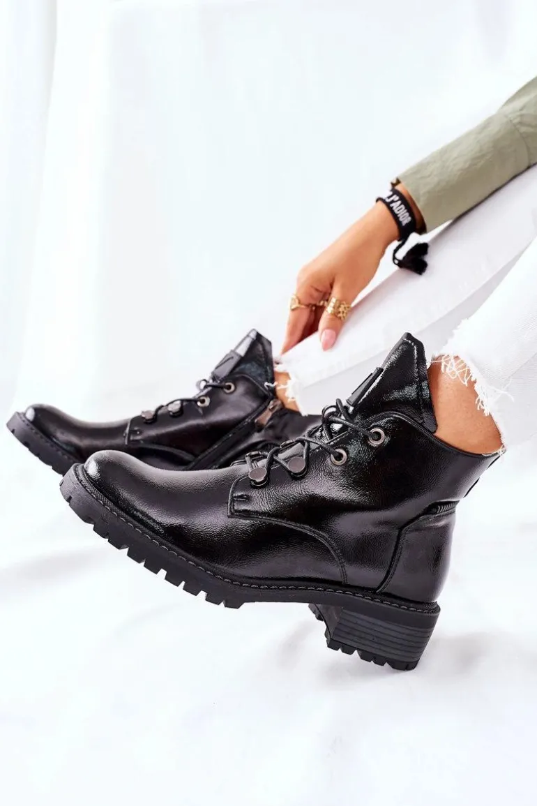 Lakierowane Ocieplane Botki Czarne Cloghan