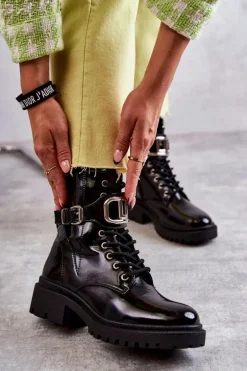 Lakierowane Ocieplane Damskie Botki Czarne Costello