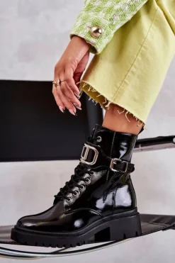 Lakierowane Ocieplane Damskie Botki Czarne Costello