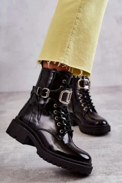 Lakierowane Ocieplane Damskie Botki Czarne Costello