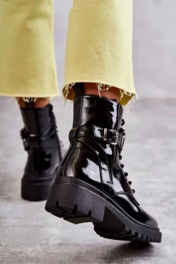 Lakierowane Ocieplane Damskie Botki Czarne Costello