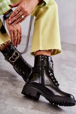 Lakierowane Ocieplane Damskie Botki Czarne Costello