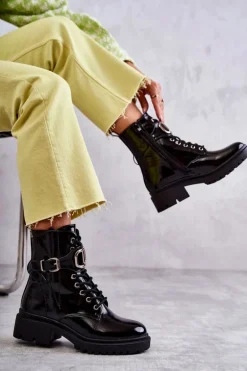 Lakierowane Ocieplane Damskie Botki Czarne Costello