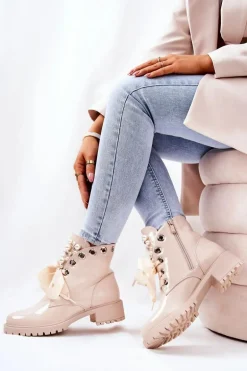 Lakierowane Ocieplane Workery Z Perełkami Beżowe Perla