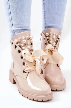 Lakierowane Ocieplane Workery Z Perełkami Beżowe Perla