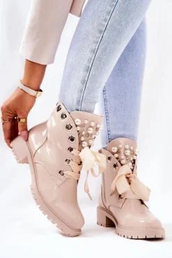 Lakierowane Ocieplane Workery Z Perełkami Beżowe Perla