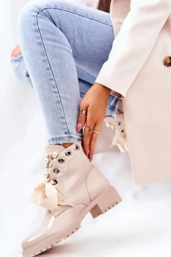 Lakierowane Ocieplane Workery Z Perełkami Beżowe Perla