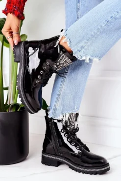 Lakierowane Ocieplane Workery Z Cyrkoniami Czarne Attention