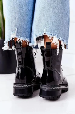 Lakierowane Ocieplane Workery Z Cyrkoniami Czarne Attention