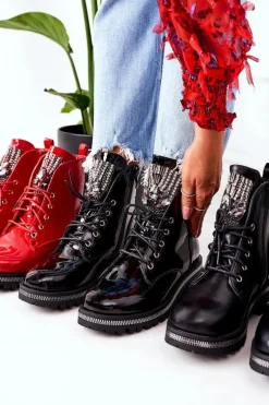 Lakierowane Ocieplane Workery Z Cyrkoniami Czarne Attention