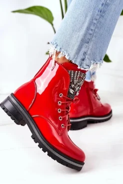 Lakierowane Ocieplane Workery Z Cyrkoniami Czerwone Attention