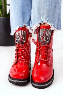 Lakierowane Ocieplane Workery Z Cyrkoniami Czerwone Attention