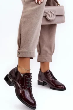 Lakierowane Półbuty Damskie Sznurowane Bordowe Banosa