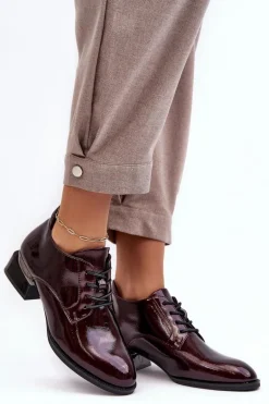 Lakierowane Półbuty Damskie Sznurowane Bordowe Banosa