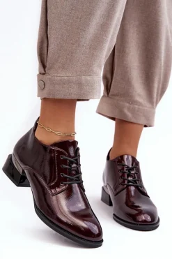 Lakierowane Półbuty Damskie Sznurowane Bordowe Banosa