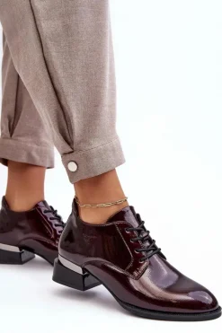 Lakierowane Półbuty Damskie Sznurowane Bordowe Banosa