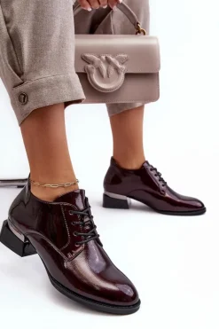 Lakierowane Półbuty Damskie Sznurowane Bordowe Banosa