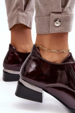 Lakierowane Półbuty Damskie Sznurowane Bordowe Banosa