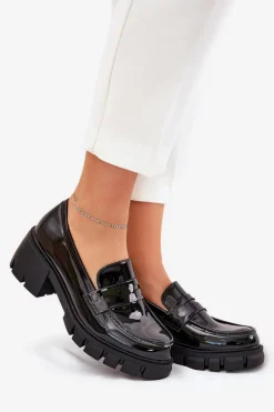 Lakierowane Półbuty Damskie Na Masywnym Obcasie Czarne Felonith