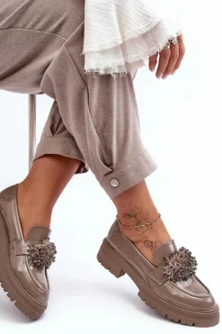 Lakierowane Półbuty Damskie Zdobione Beżowe Annella