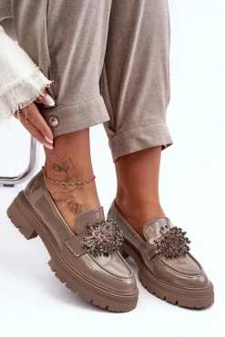 Lakierowane Półbuty Damskie Zdobione Beżowe Annella