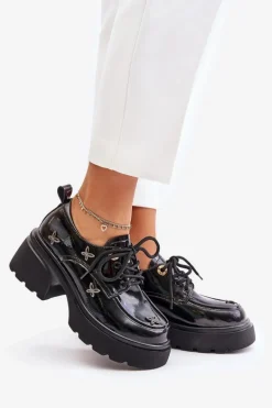 Lakierowane Półbuty Damskie Z Ozdobami Skóra Naturalna Artiker 55C0419 Czarne