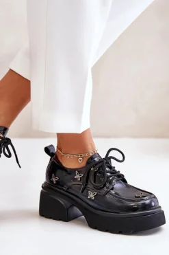 Lakierowane Półbuty Damskie Z Ozdobami Skóra Naturalna Artiker 55C0419 Czarne