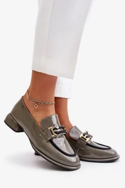 Lakierowane Półbuty Damskie Na Klocku Z Ozdobą Artiker 55C0412 Szare